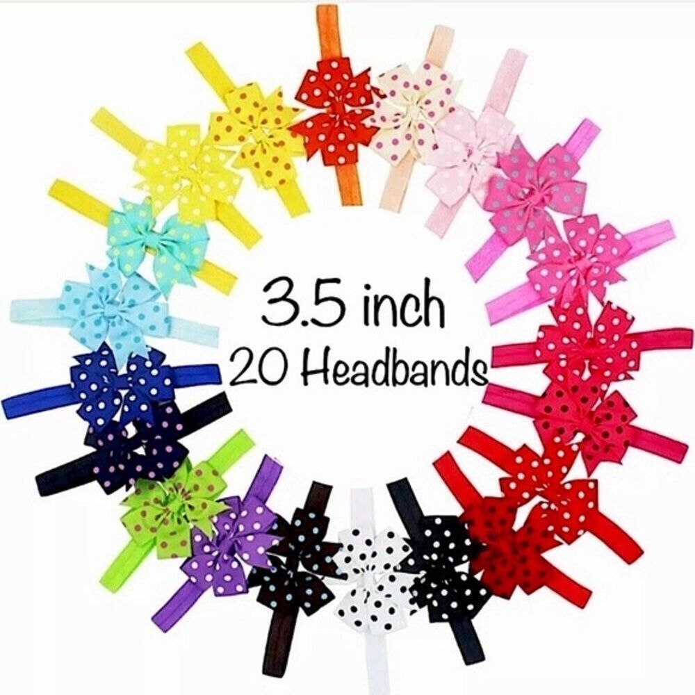 -20- Headbands With 3.5” Polka Dot Pinwheel Bows - Rainbow Assortment